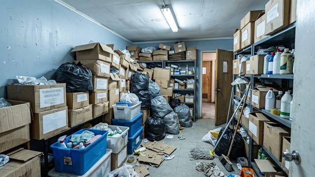 Un cuarto de acopio desordenado: bolsas y cajas apiladas contra la pared, sin separar por tipo y sin rótulos.